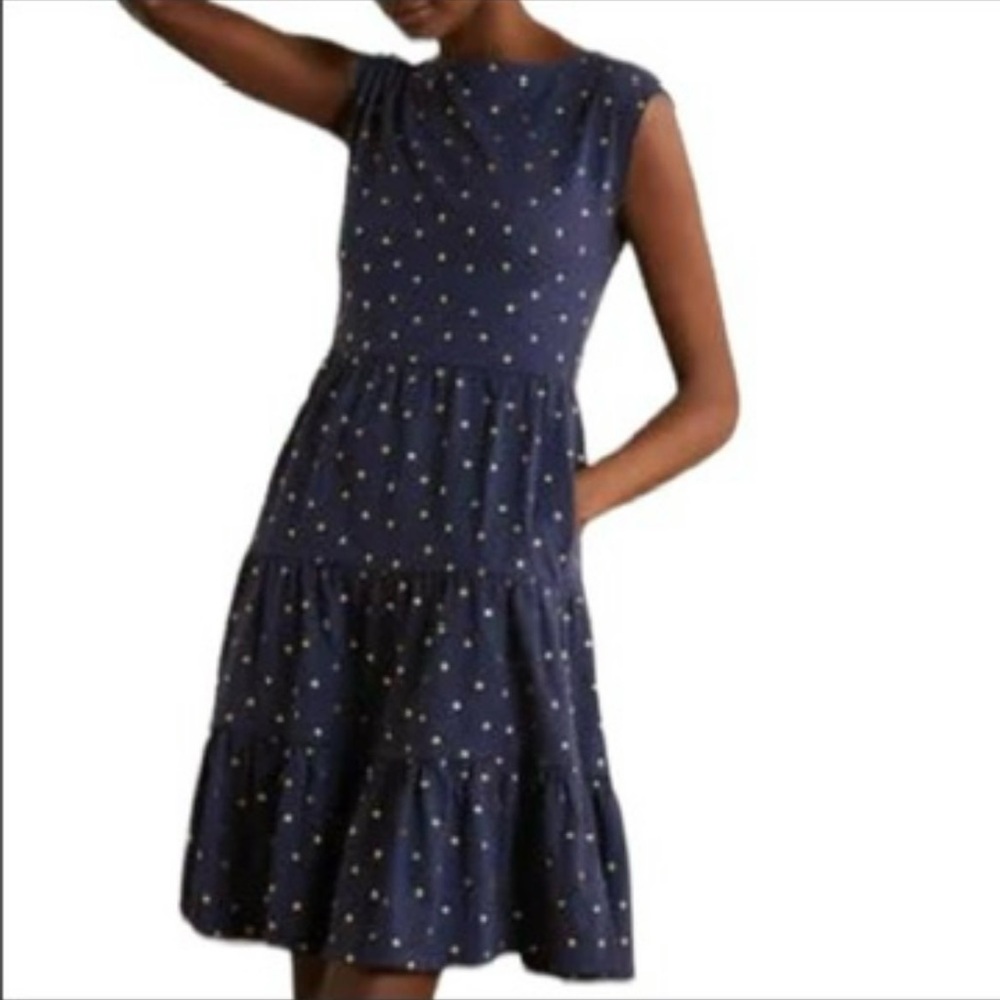 BODEN NWT Women's Romaine Polka Dot Tiered Jersey Dress Navy Gold Size 10